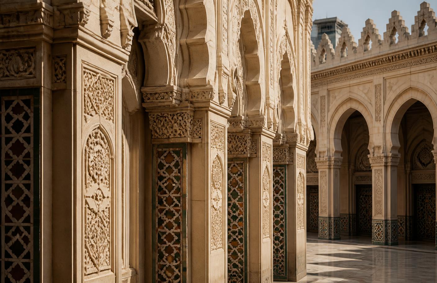 Ornate Islamic arches and geometric tilework in Saudi Arabia